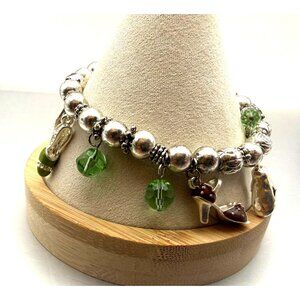 Silver Tone Charm Bracelet with High Heel Shoe Charms & Green Beads